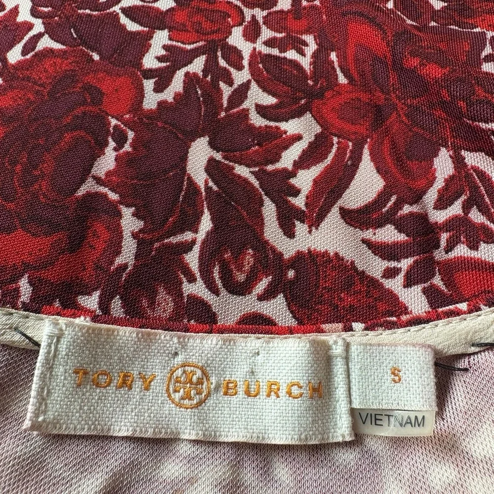 Tory Burch Ria Red Butterfly Floral Dress S Sheath Pleated Side Slit Long Sleeve